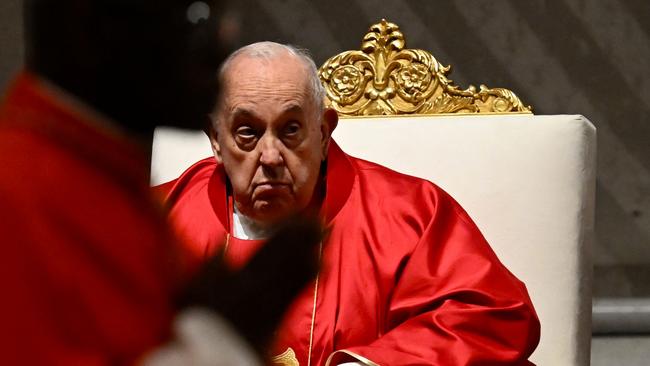 Pope Francis at the Passion of the Lord mass on Good Friday. Picture: AFP