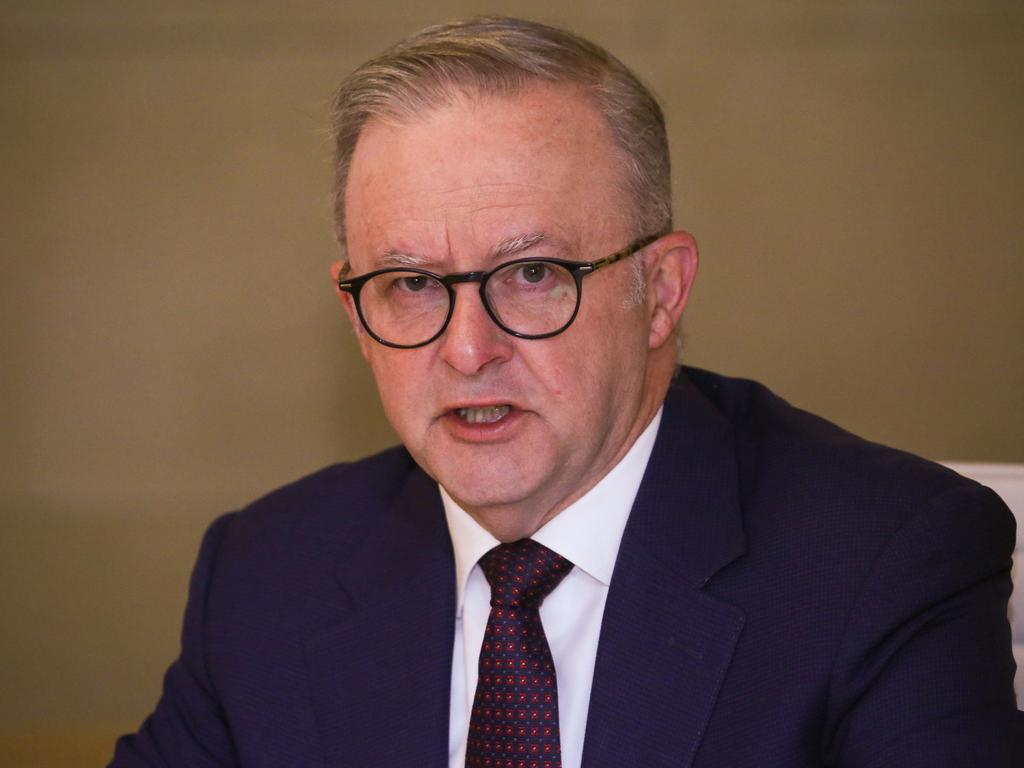 Prime Minister Anthony Albanese speaks virtually before a national cabinet on gender-based violence on May 1. Picture: Gaye Gerard/Getty Images