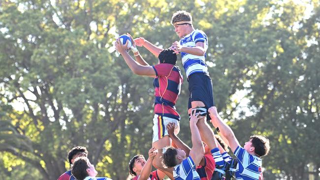 Eli Langi reels in lineout ball. GPS first XV rugby grand final, Nudgee College Vs BSHS. Saturday September 7, 2024. Picture, John Gass