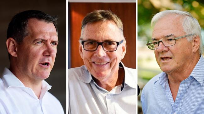 The poll showed satisfaction with Labor’s Chief Minister Michael Gunner, left, is at a new low. But it’s not all good news for the CLP either with party leader Gary Higgins, right, (20 per cent) trailing Mr Gunner (30 per cent) as preferred chief minister but they both trail former CLP leader-turned-independent Terry Mills, centre, (38 per cent)