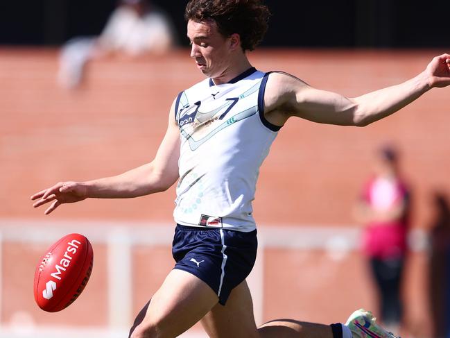 BRISBANE, AUSTRALIA - JULY 07: Ollie Hannaford of Victoria Country kicks during the Marsh AFL National Championships match between U18 Boys Allies and Victoria Country at Brighton Homes Arena on July 07, 2024 in Brisbane, Australia. (Photo by Chris Hyde/AFL Photos/via Getty Images)