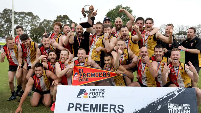 Goodwood Saints defeated Rostrevor Old Collegians in a tight game in slippery conditions at Norwood Oval to win the 2020 Adelaide Footy League flag. Who will be crowned division one champions in 2021? Picture: Dean Martin