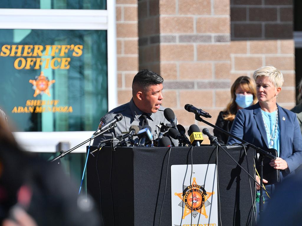 First Judicial District lawyer Mary Carmack-Altwies for New Mexico (R) looks on as Santa Fe County Sheriff Adan Mendoza speaks during a press conference. Picture: Getty Images