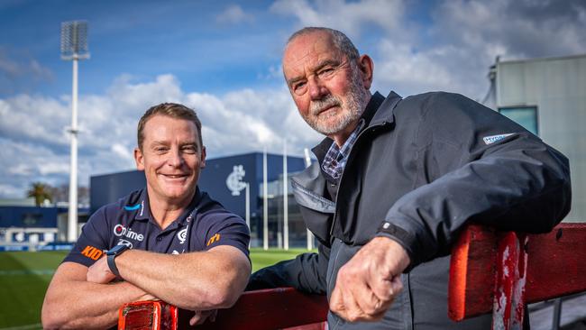 Michael Voss and his first coach and mentor Robert Walls … next week marks the 160th birthday of the CFC and the club is partnering players with with club legends. Picture: Jake Nowakowski