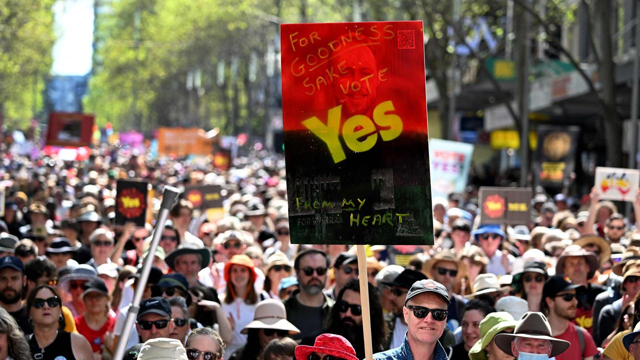 Crowds march during a ‘Walk for Yes’ rally in Melbourne. Picture: William West/AFP