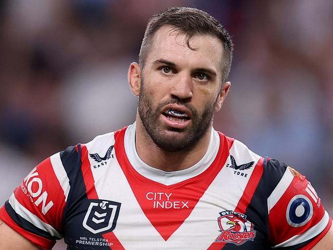 SYDNEY, AUSTRALIA - MARCH 28:  James Tedesco of the Roosters reacts during the round four NRL match between Sydney Roosters and Penrith Panthers at Allianz Stadium on March 28, 2024, in Sydney, Australia. (Photo by Cameron Spencer/Getty Images)