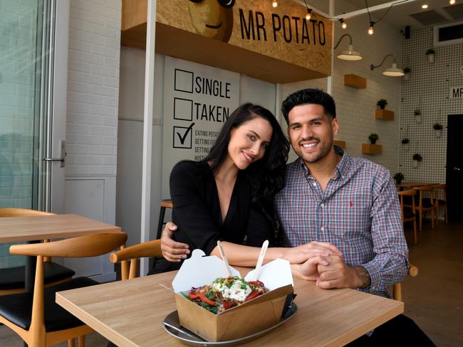 Jess Davis and Tyson Hoffmann at their Glenelg, Adelaide Mr Potato store. Picture: Tricia Watkinson