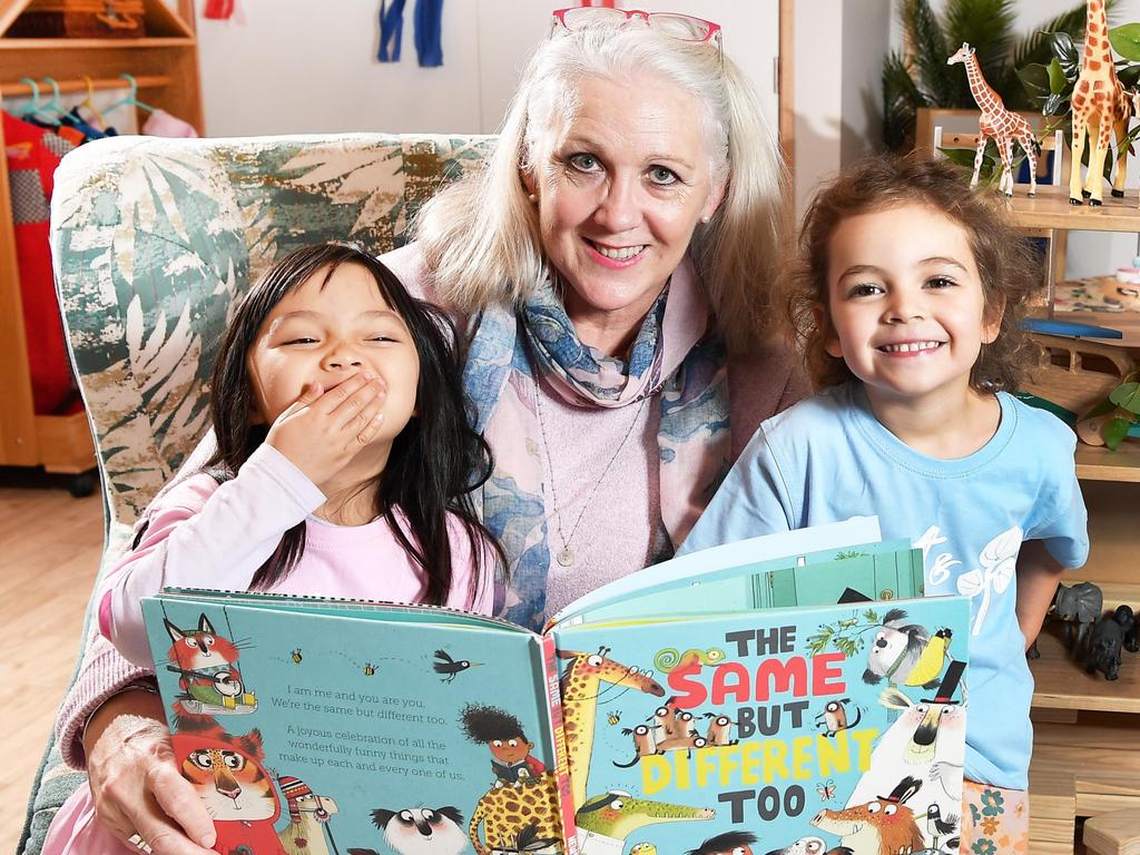 Maroochydore childcare director Pam Maclean with Celine and Melia. Picture: Patrick Woods