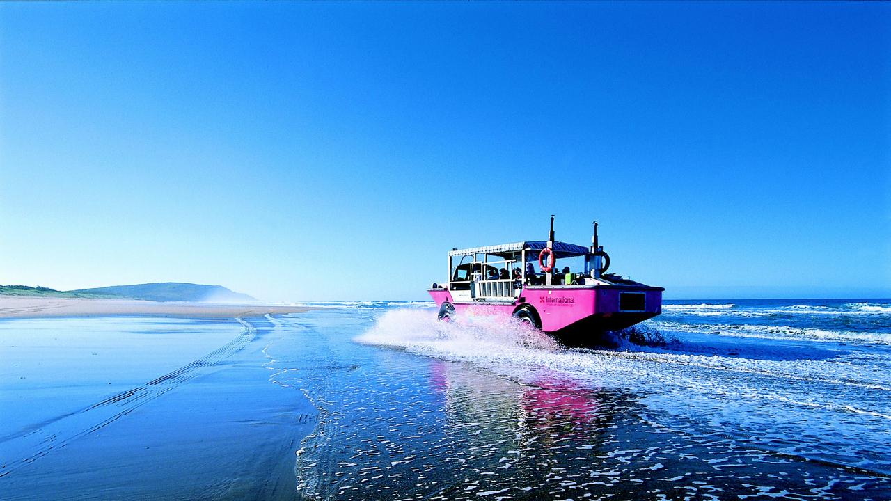 The LARC 1770 Environmental Tours - The amphibious LARC vehicle on sand flats of Bustard Bay out of the town of 1770. Pic: Tourism Qld.