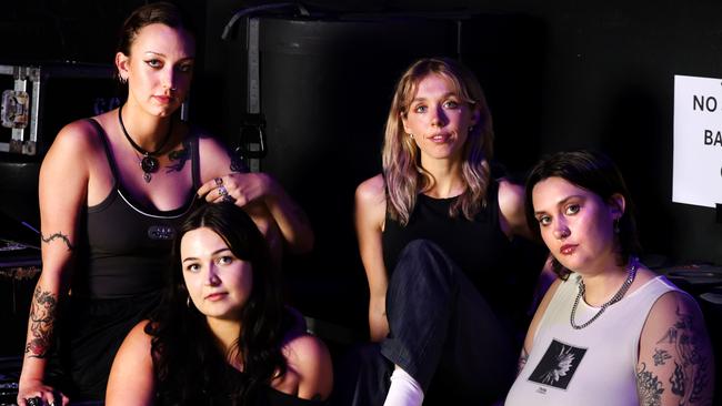 Canberra-born rock band Teen Jesus and the Jean Teasers, (L-R) Scarlett McKahey, Neve Van Boxsel, Jaida Stephenson and Anna Ryan backstage at the ARIAs before a rehearsal. The band is nominated in the breakthrough artist category at the ARIA Awards, to be held in Sydney on Wednesday evening. They'll be performing at the ARIAs, and the quartet is supporting US band Pearl Jam on its current Australian tour, including a show at Melbourne's Marvel Stadium on Monday night. Jane Dempster/The Australian