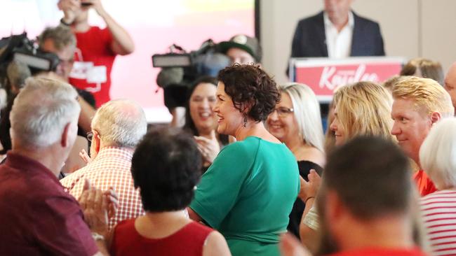 Labor’s Currumbin candidate Kaylee Campradt surrounded by supporters. Picture: Nigel Hallett