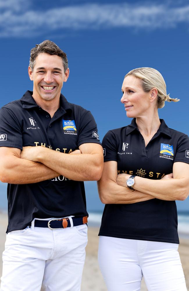 Billy Slater and Zara Tindall ahead of the Magic Millions barrier draw beach run. Picture by Luke Marsden.