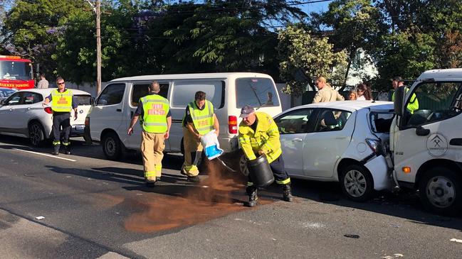 All occupants escaped injury in this four-car crash on Warringah Rd at Beacon Hill. Picture: Jim O'Rourke