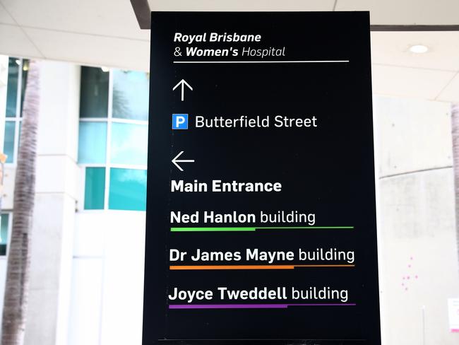 Royal Brisbane and Women’s Hospital signage featuring the Ned Hanlon Building. Picture David Clark