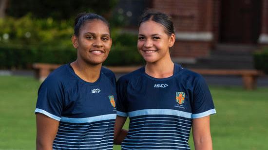 Savannah Roberts-Hickling from Ballina High and Ellazae Elers from Hunter Sports High in New Zealand as part of the Australian schoolgirls rugby team at the Global Youth tournament. Picture: Anthony Edgar