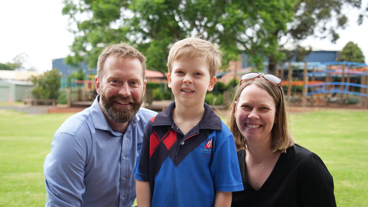 The first day of school for Concordia Lutheran College's 2023 prep students. Patrick Bauer with parents Kent and Katie.