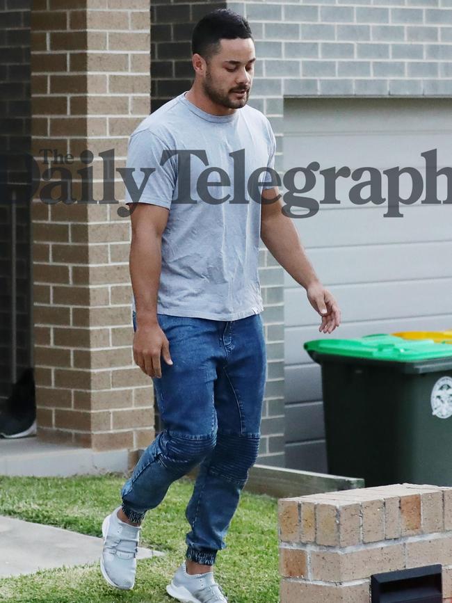 Jarryd Hayne leaves a home in Kellyville to make his first bail report to Castle Hill Police Station on Tuesday. Picture: Matrix