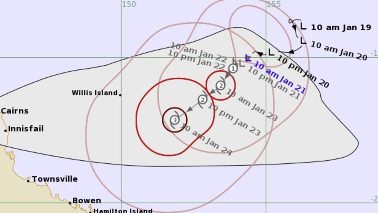 The Bureau of Meteorology has issued a track map predicting the movement of the 05U system this week. Picture: BOM.