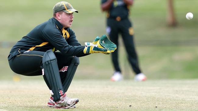 VSDCA: Donvale wicketkeeper Steven Curley waits for the ball. Picture: George Sal