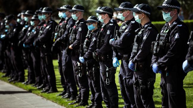 Police stand watch as anti-lockdown protesters gather at the Shrine of Remembrance on September 5. Picture: Getty Images