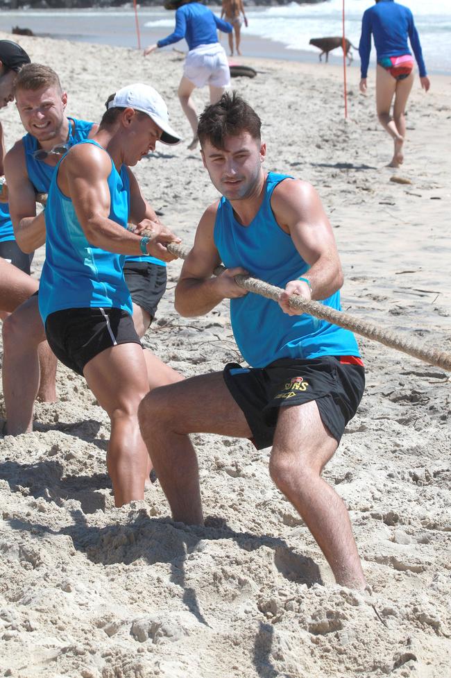 Corey Joyce competing in a tug-of-war battle during the Southport Sharks VFL team’s preseason training camp at Tallebudgera Beach. Picture: Mike Batterham