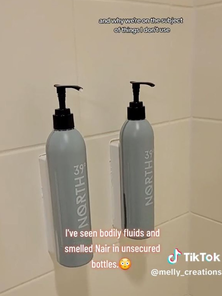 She says you can't trust what's in the complimentary toiletry containers. Picture: TikTok