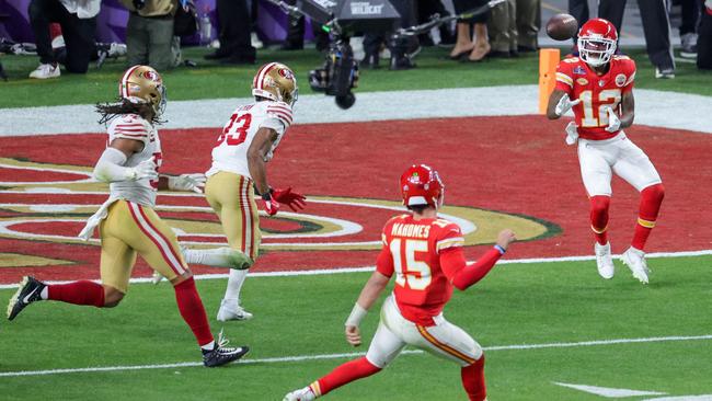 Quarterback Patrick Mahomes #15 of the Kansas City Chiefs throws a touchdown pass to wide receiver Mecole Hardman Jr. #12 against the San Francisco 49ers during overtime of Super Bowl LVIII at Allegiant Stadium on February 11, 2024. Picture: Ethan Miller/Getty Images