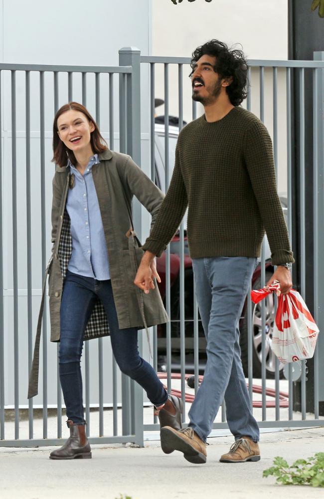 Lion star Dev Patel with girlfriend, Adelaide-born Tilda Cobham-Hervey, the day after the Oscars. Picture: AKM-GSI / Backgrid Phone