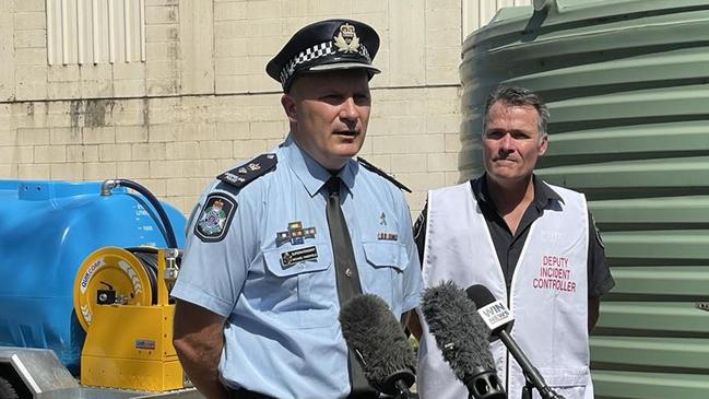 QPS Superintendent Michael Thesfield and QFES Acting Superintendent Cameron Herbert at Dalby Fire Station, October 31 2023