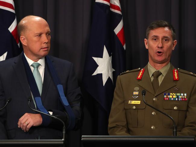 Home Affairs Minister Peter Dutton and the in-coming Commander Joint Agency Task Force Ð Operation Sovereign Borders, Major General Craig Furini, holding a press conference at Parliament House in Canberra.