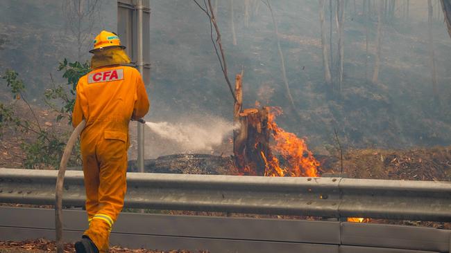 CFA tackle spot fires along the Great Alpine road just outside Omeo. Picture: Jason Edwards