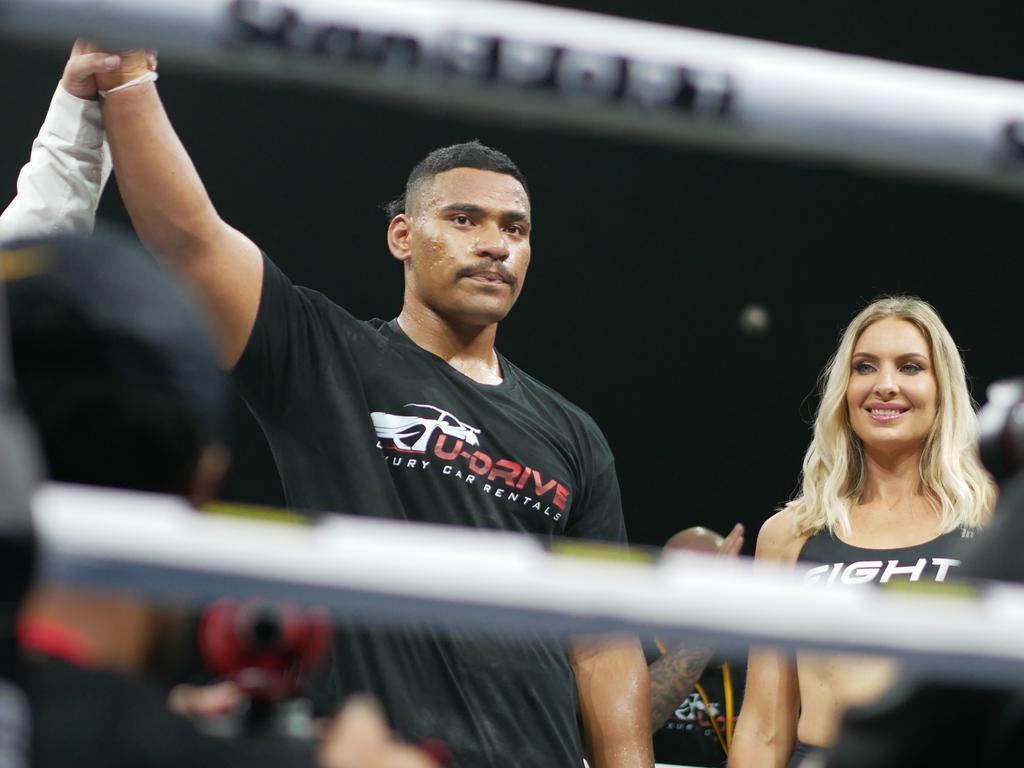 Jermaine Pangai defeats Nepote Dawadawa by first-round TKO at the Battle of the Reef fight night at the Townsville Entertainment and Convention centre, October 7 2023. Picture: Blair Jackson.