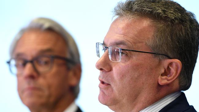 FFA CEO David Gallop (left) and FFA Chairman Chris Nikou at the announcement of the two new teams to join the A-League. (AAP Image/Dan Himbrechts) NO ARCHIVING