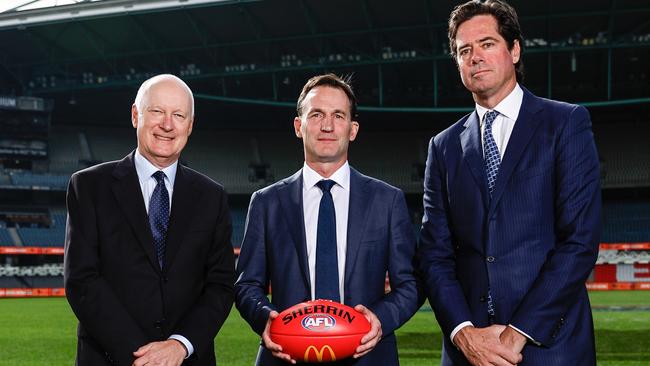 AFL Commission chairman Richard Goyder, newly appointed chief executive officer Andrew Dillon and former chief executive Gillon McLachlan. Picture: Dylan Burns/AFL Photos via Getty Images