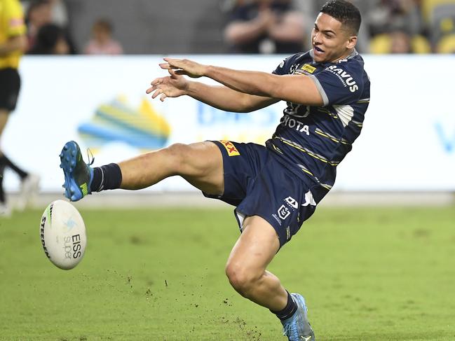 Heilum Luki’s post-try celebration didn’t turn out as planned. Cowboys coach Todd Payten joked he might need to work on his kicking. (Photo by Ian Hitchcock/Getty Images)