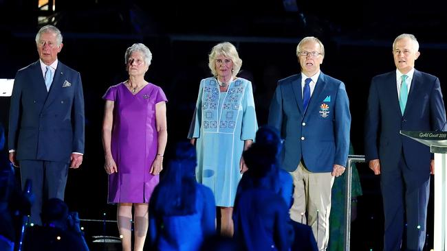 Prince Charles, Prince of Wales, President of the Commonwealth Games Federation Louise Martin, Camilla, Duchess of Cornwall and Chairman of Gold Coast 2018 Commonwealth Games Corporation Peter Beattie attend the Opening Ceremony for the Gold Coast 2018 Commonwealth Games at Carrara Stadium on April 4, 2018 on the Gold Coast, Australia. Photo: Chris Hyde