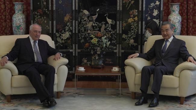 China's foreign minister Wang Yi meets with former prime minister Paul Keating. Picture: CGTN