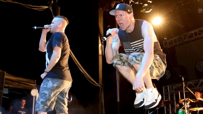 Hilltop Hoods on stage at the 600 Sounds concert at the Southport Broadwater Parklands. Picture: Scott Fletcher