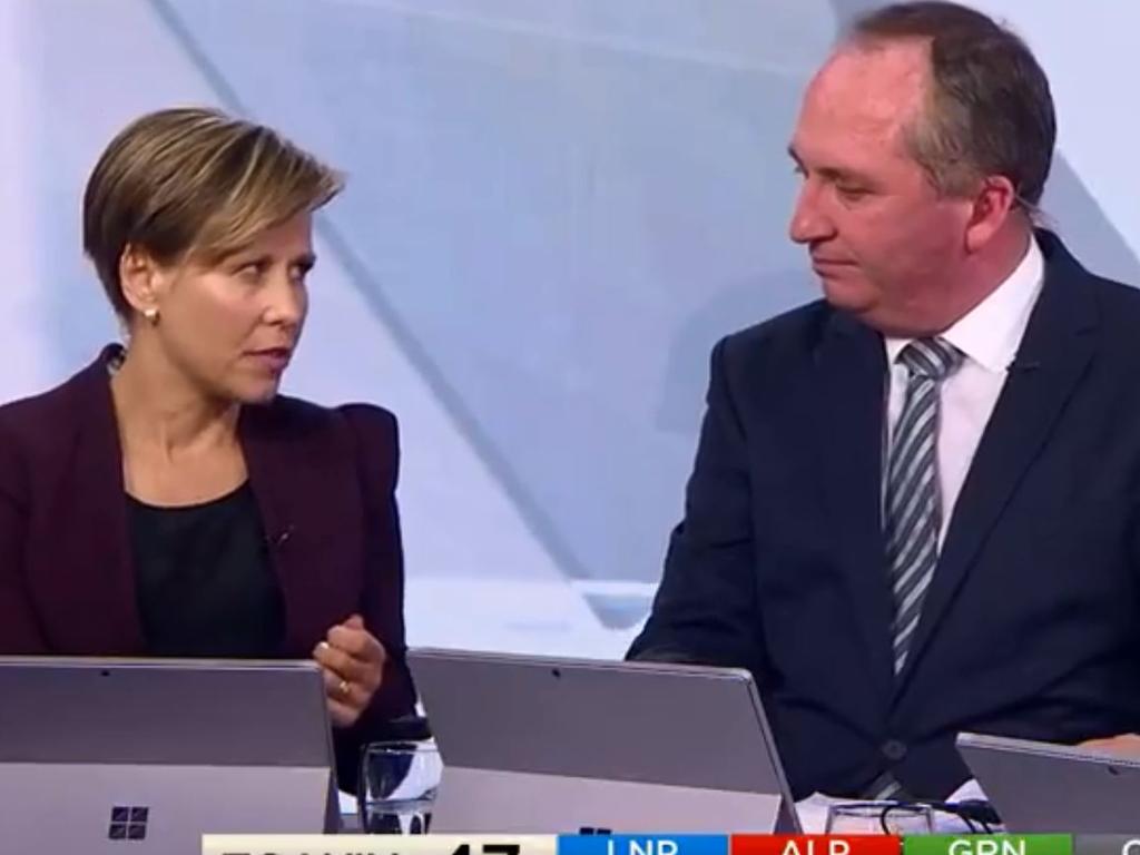 Barnaby Joyce faces off with Labor Senator Jenny McAllister during Seven's NSW election coverage. Picture: Channel 7