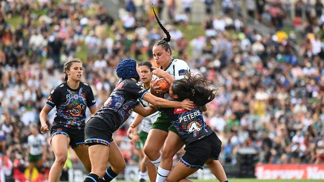 Tiana Raftstrand-Smith of the Maori All Stars is tackled during the 2023 NRLW All Stars (Photo by Hannah Peters/Getty Images)