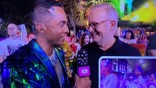 Prime Minister Anthony Albanese being interviewed by ABC’s Jeremy Fernandez during the Sydney Mardi Gras tonight. Pic: ABC