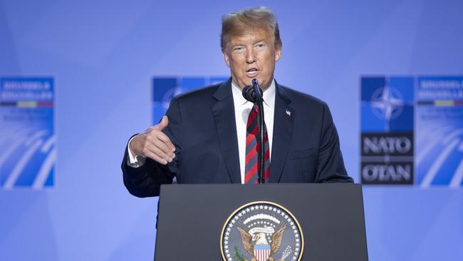 US President Donald Trump speaking at a news conference at the 2018 NATO Summit, where he was critical of Germany. (Pic: Jasper Juinen/Getty)