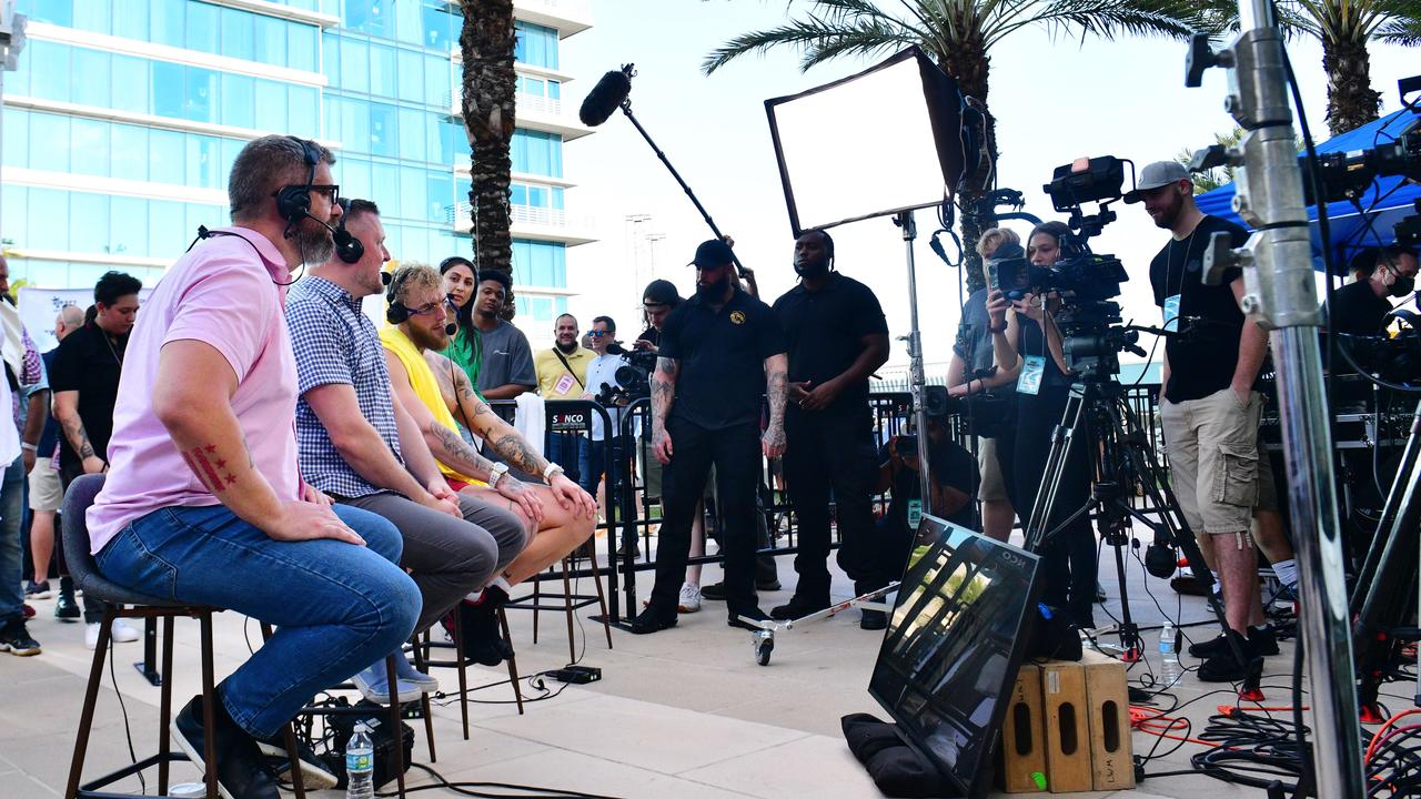 Jake Paul is interviewed during a media workout. Picture: Julio Aguilar/Getty Images/AFP