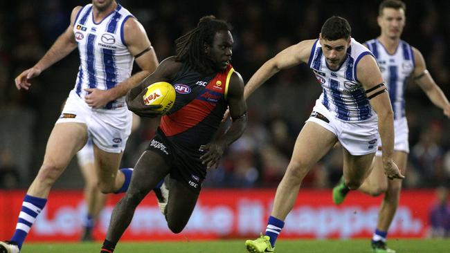 Essendon’s Anthony McDonald-Tipungwuti was the matchwinner against North Melbourne in Round 17. Picture: Hamish Blair/AAP