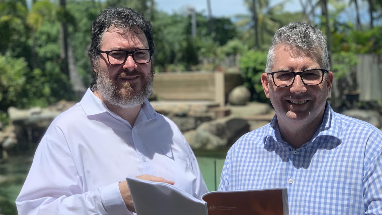 Dawson MP George Christensen and Resources Minister Keith Pitt at a previous press conference in Mackay. Picture: Tara Miko