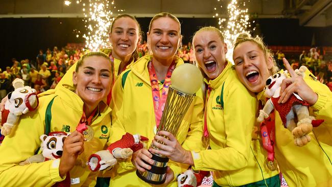 CAPE TOWN, SOUTH AFRICA - AUGUST 06: Australia crowned champions during the Netball World Cup Medal Presentation at Cape Town International Convention Centre, Court 1 on August 06, 2023 in Cape Town, South Africa. (Photo by Ashley Vlotman/Gallo Images/Netball World Cup 2023 via Getty Images)
