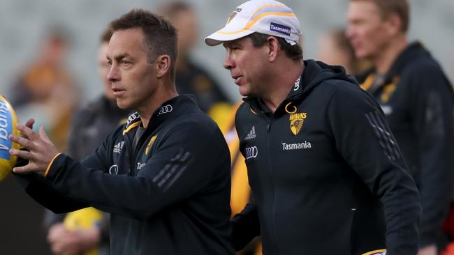 Brett Ratten talks to Alastair Clarkson at Hawthorn training. Picture: Matt Turner