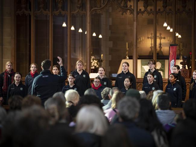 Festival of Voices pop up youth choir performance by the Brisbane Birralee Voices and Somerville Singers at St David's Cathedral. Picture: Chris Kidd