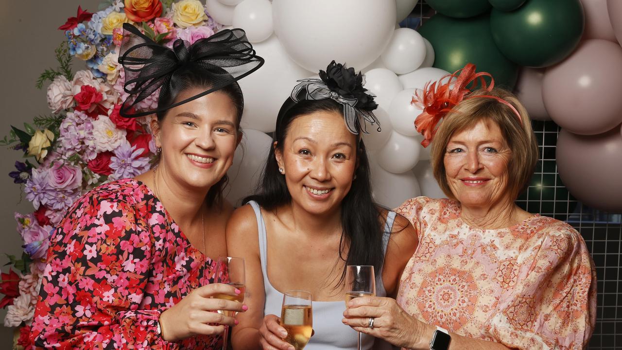 Kathryn O'Driscoll, Cathy Hughes, Jenny Badcock. Melbourne Cup event at Franklin Wharf as a fundraiser for charity Variety. Picture: Nikki Davis-Jones