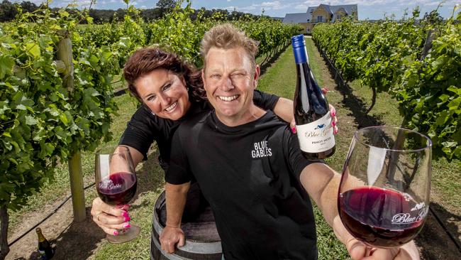 Alistair Hicks and wife Catherine are enjoying having visitors returning to Blue Gables Vineyard after a tough year. Picture: Tim Carrafa.